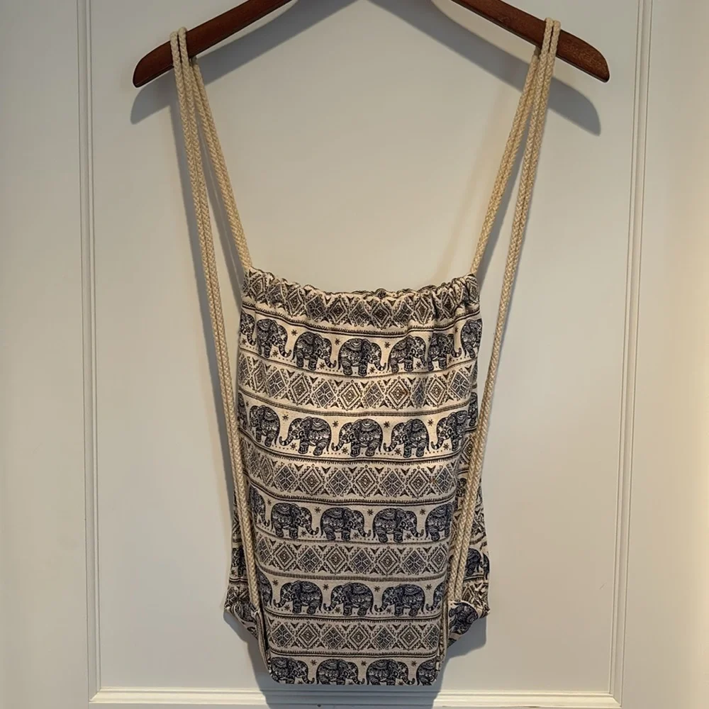 Handmade tum-thai canvas elephant print backpack with rope shoulder straps